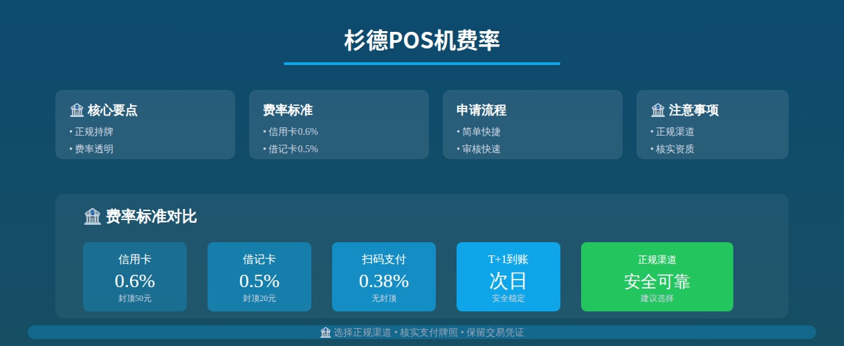 杉德POS机费率标准：展示杉德POS机的信用卡0.6%、借记卡0.5%、扫码0.38%三种费率，以及各自的封顶金额和到账时间对比