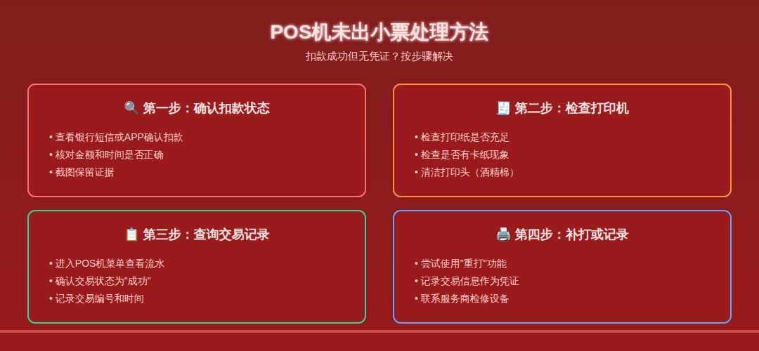 POS机未出小票原因分析图：展示打印故障、纸张问题、交易异常等导致小票未打印的原因