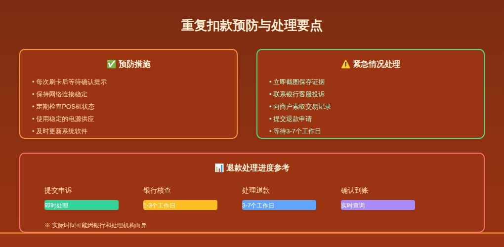 POS机重复扣款处理流程图：展示查询记录、联系客服、申请退款的完整处理流程
